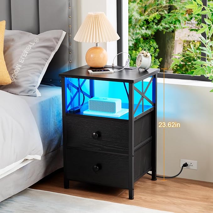 AMHANCIBLE Night Stand Set 2, LED Nightstand with Charging Station, End Tables Living Room with Fabric Drawers, Bedside Table for Bedroom, Black, HET052LBK