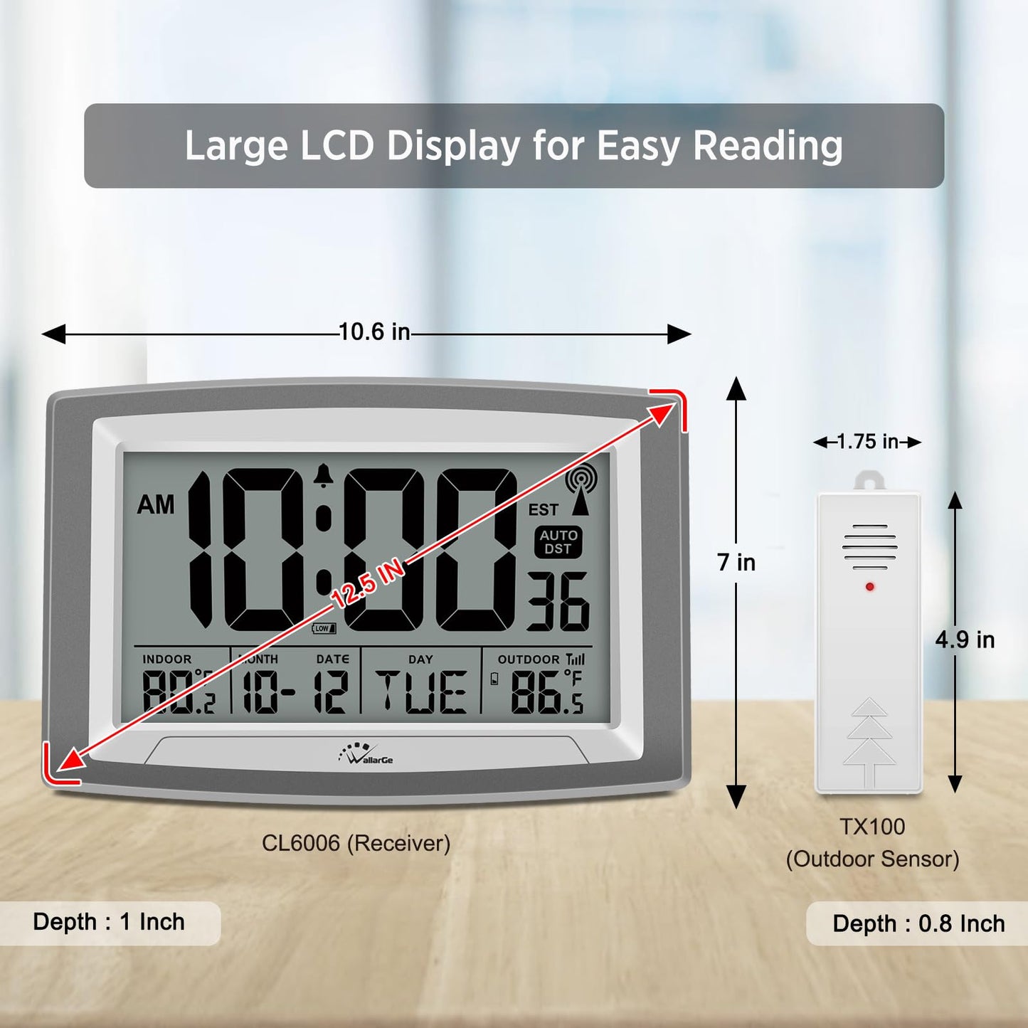 WallarGe Atomic Clock with Outdoor and Indoor Temperature - 12.5 Inch Self-Setting Digital Clock Large Display, Battery Operated Wall Clocks or Desk Clocks for Bedroom, Livingroom, Office