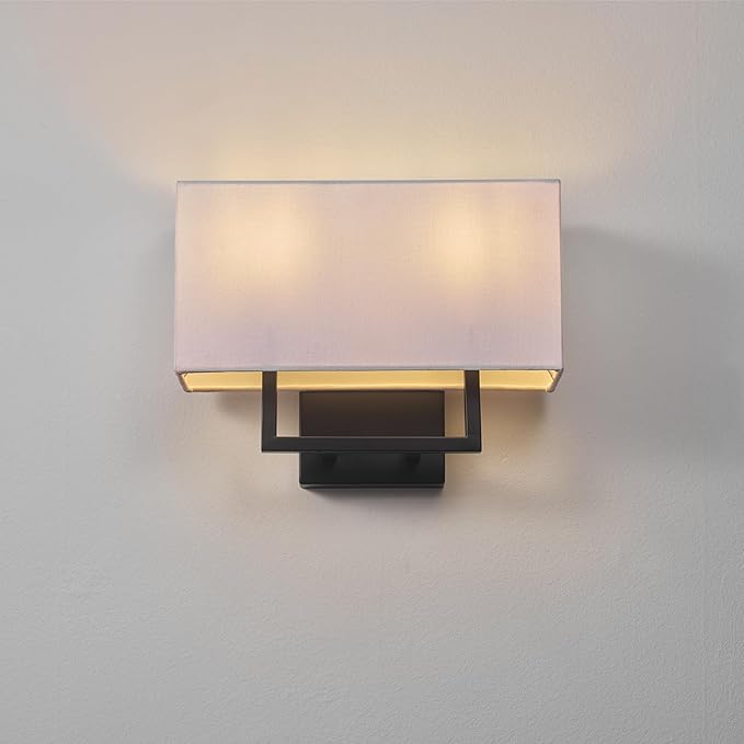 Globe Electric 2-Light Wall Sconce, Matte Black, White Linen Shade, Rectangular Cutout Body, Dimmable, 65000081