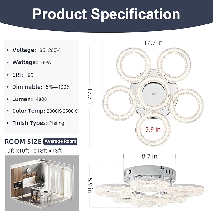 OKELI Modern Ceiling Light, 6 Rings 17.7'' Dimmable LED 60W Flush Mount Ceiling Lights with Remote Acrylic Crystal Round Ceiling Light Fixture, Bedroom Living Room Dining Room, Chrome