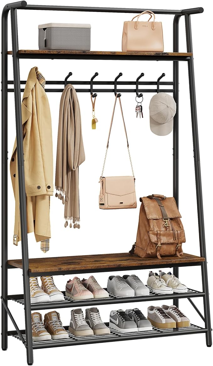 Coat Rack Hall Tree with Shoe Storage Bench, 4-in-1 Entryway Bench with 6 Hooks & 3-Tier Shoe Rack, Metal Frame for Entryways, Freestanding Coat Racks Storage for Entryway, Hallway, Front Door