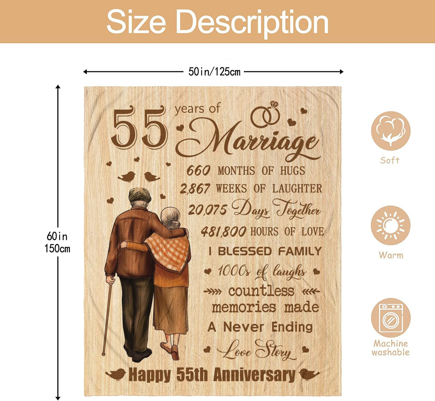 Basiole 55th Anniversary Wedding Gifts for Couple, 55th Anniversary Blanket, Best 55 Anniversary for Husband Wife Parents Gifts, Gift for 55 Years of Marriage Decor Throw Blankets 50"X60"