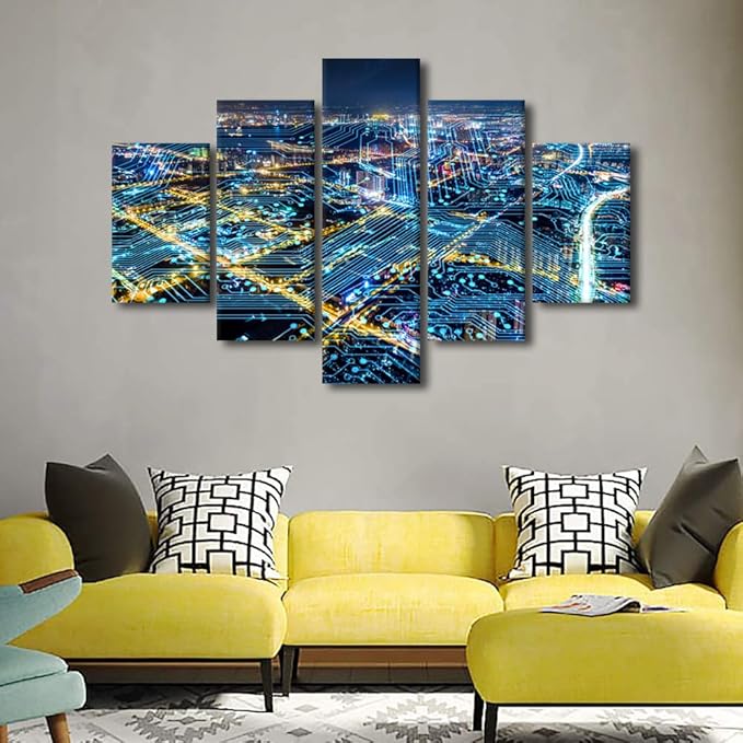 Wall Art for Living Room Modern Cityscape Poster 5 Panel Canvas Art Network Connection Concept Picture Internet Companies Wall Art Internet Workers Home Decoration Stretched Ready to Hang 60x40 Inch