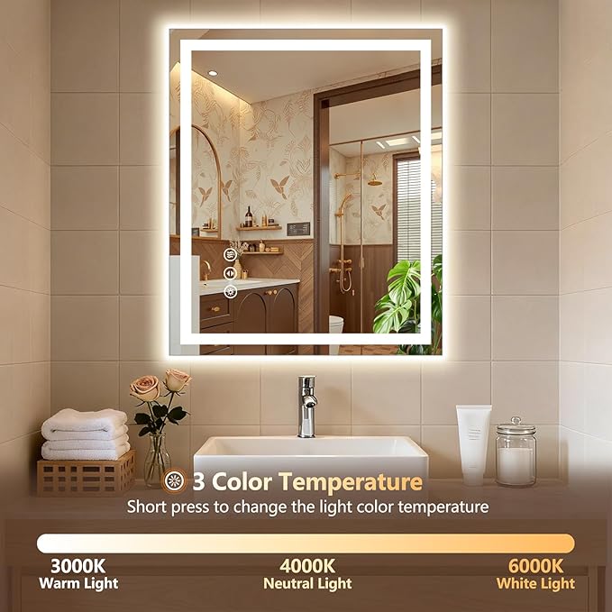 48x36 LED Bathroom Mirror with Lights - Dimmable, Anti-Fog, 3 Color Backlit & Front Lit Mirror for Bathroom, Shatter-Proof Tempered Glass, Easy Installation