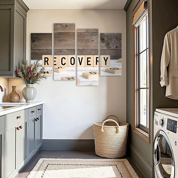 Canvas Wall Art Prints Pictures Recovery from wooden letters Framed Posters Modern Wall Painting Artwork Gift Home Decor for Living Room Ready to Hang 4 Panel