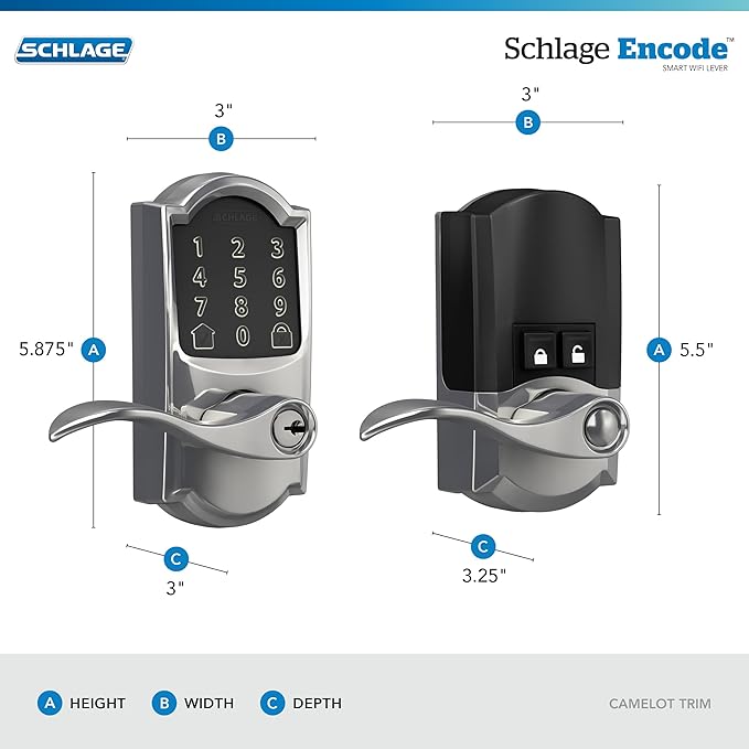 Schlage FE789WB CAM 625 Acc Encode WiFi Accent Lever Smart Lock, Keyless Entry Touchscreen Door Lock with Camelot Trim, Bright Chrome (Pack of 4)