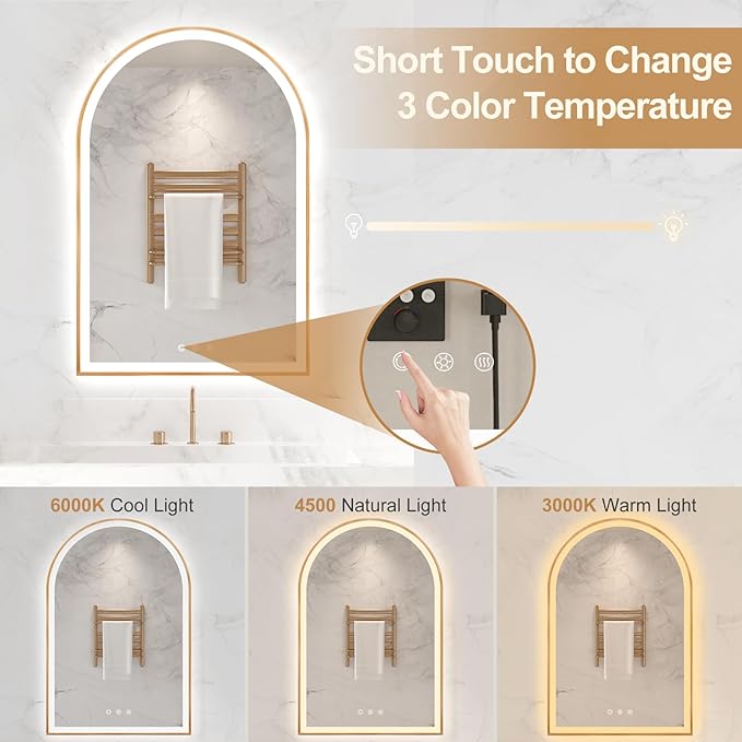 Arched LED Mirror for Bathroom 24"x36", Orange Gold LED Bathroom Mirror with Lights, Fogless, Dimmable, Shatterproof, Touch Sensor, 3 Color Changing