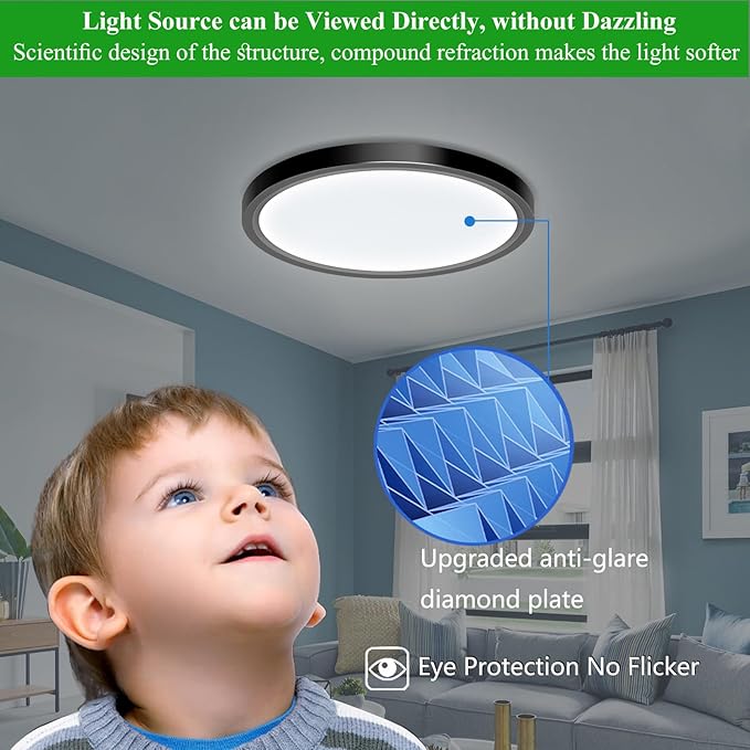 LED Flush Mount Ceiling Light Fixture, 24W 12Inch 3000K/3500K/4500K/5000K/6500K 5 Color Changeable 2880LM Low Profile Ceiling Light for Bedroom, Living Room, Dining Room, Hallway Black