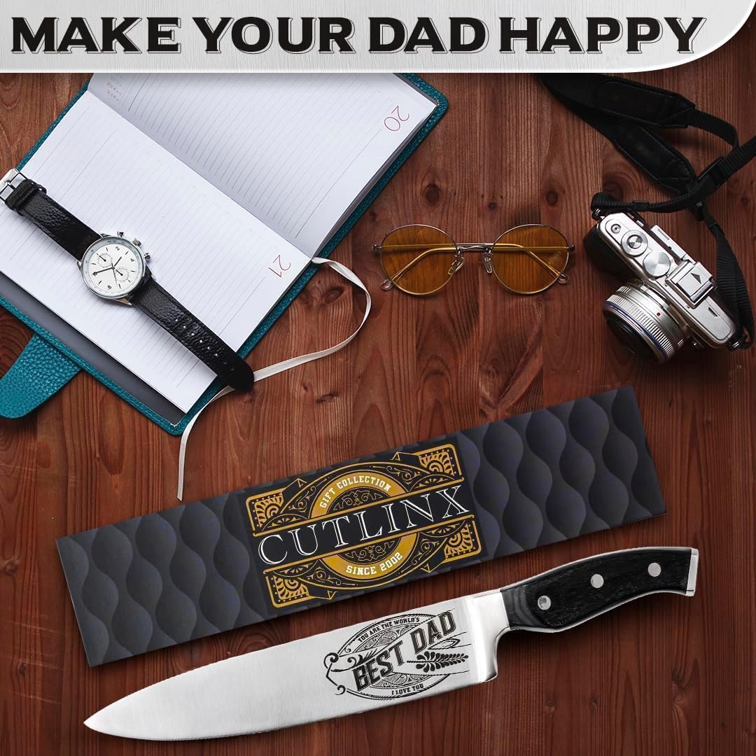 CUTLINX Birthday Gift BEST DAD - Premium Chef Knife Gift - 8 in. Stainless Carbon Steel Kitchen Knive w/Pakka Wood Handle - Father's Day, Christmas, Housewarming, Anniversary, Holiday Gifts