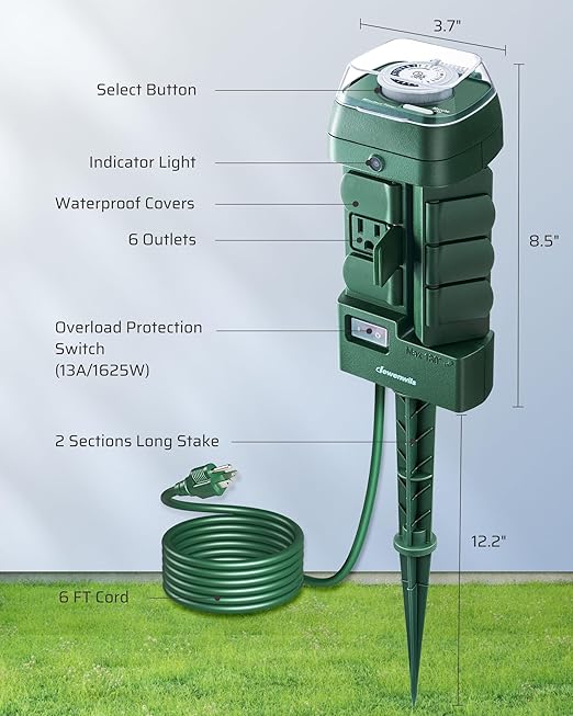 DEWENWILS Outdoor Mechanical Power Stake Timer, Waterproof, 6 Grounded Outlets(3 180°Rotatable), 6ft Cord, Yard Stake Outdoor Timer for Lights, Yard, Garden, 1625W/13A, UL Listed