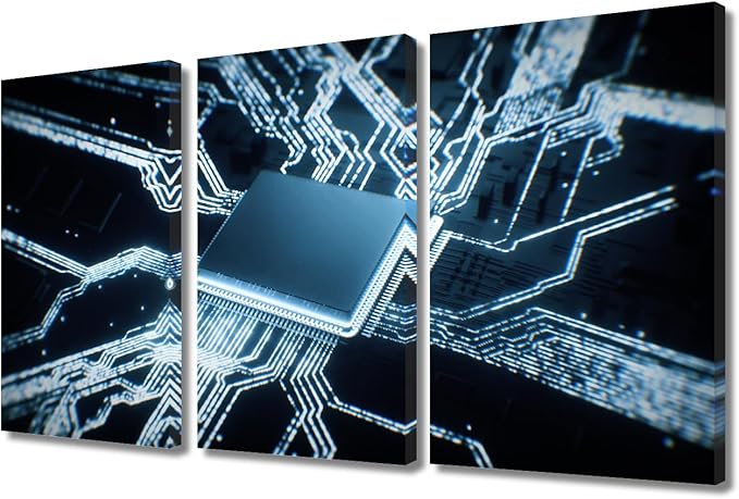 Semiconductor Chip Wall Art for Living Room Decor Circuit Boards Pictures Canvas Print Chip Artwork 3 Pieces Black Framed Art Prints Giclee Gallery-wrapped Posters Framed Ready to Hang, 36" Wx24 H