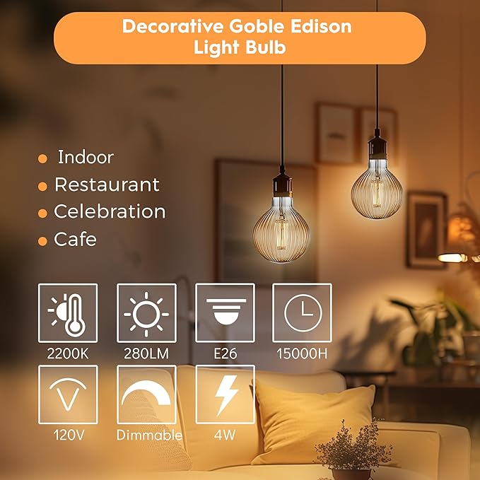 Light Bulbs, 4W Dimmable Decorative Large Unique Amber Globe G125 Edison LED Bulbs with Squirrel Cage Filament, E26 Medium Base, 2200K Warm Ambient Mood Lighting for Indoor Decoration, 4 Pack