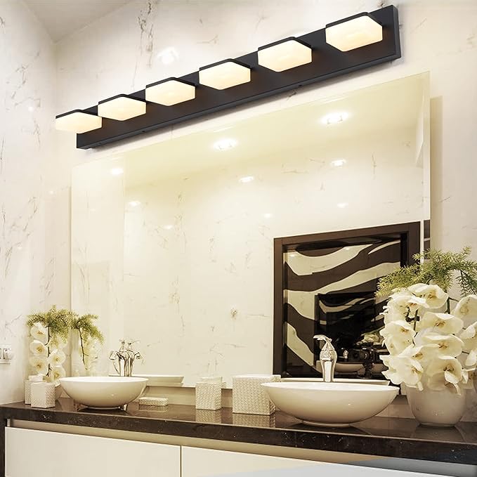 3 Colors Dimmable Bathroom Light Fixtures Over Mirror, LED Black Vanity Lights, Acrylic Stainless Steel 6 Light Bathroom Vanity Light Fixtures, Adjustable 3000K/4000K/6000K, 360° Rotate