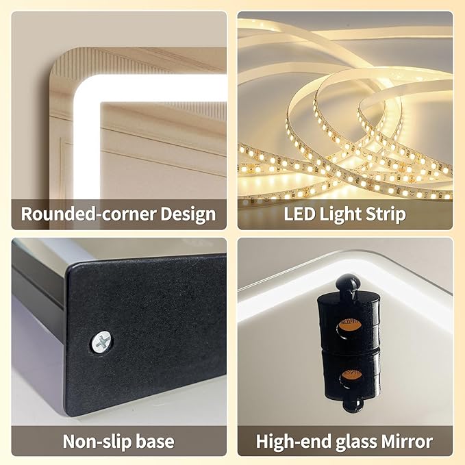 HNV Vanity Mirror with Lights - 15"x13" LED Lighted Makeup Mirror, Dimmable Touch Screen with 3-Color Lighting, 360° Rotation, Black Aluminum Frame for Vanity Desk, Bedroom, Tabletop