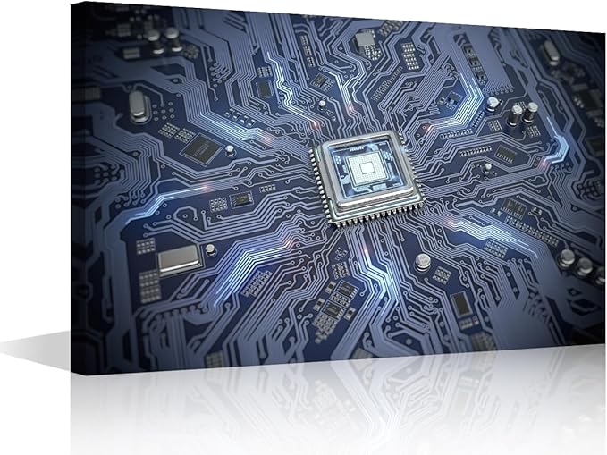 TUMOVO Circuit Board Canvas Wall Art for Living Room CPU Concept Modern Abstract Painting Internet Concept Picture for Bedroom Office Home Wall Decorations Frame Wall Decor, 18x12in