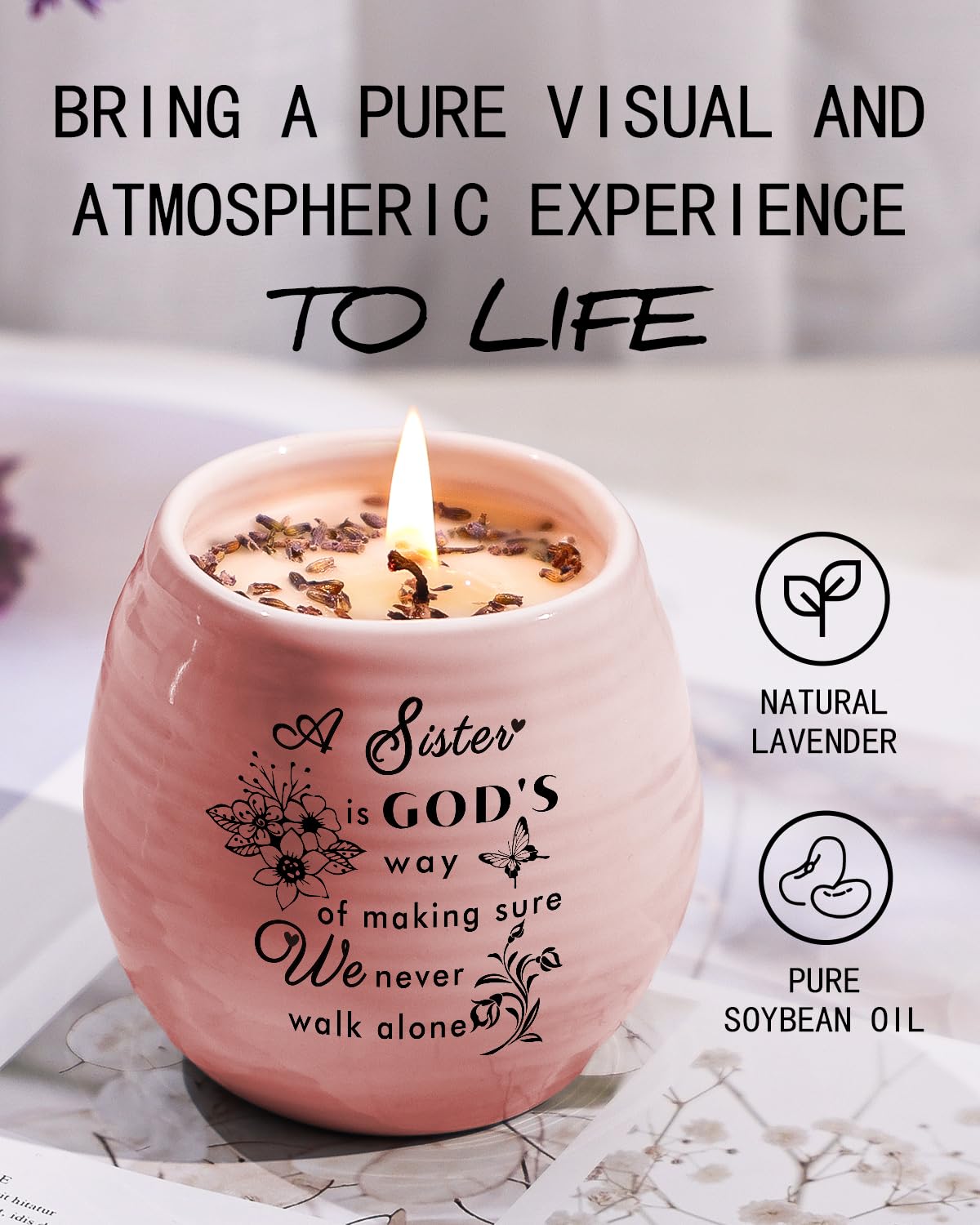 Sister Birthday Gifts, Sisters Gifts from Sister Brother, Handmade Ceramic 8oz Soy Wax Lavender Scented Candles, Sisters Candle Gift for Best Friend BFF Bestie