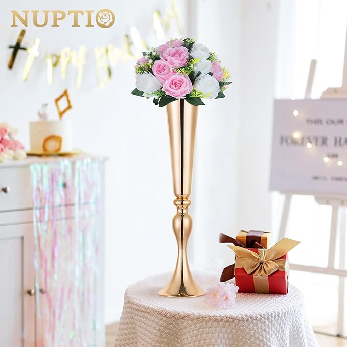 NUPTIO Pcs of 6 Fake Flower Ball Arrangement Bouquet,15 Heads Plastic Roses with Base, Suitable for Our Store's Wedding Centerpiece Flower Rack for Parties Valentine's Day Home Décor (Pink & White)