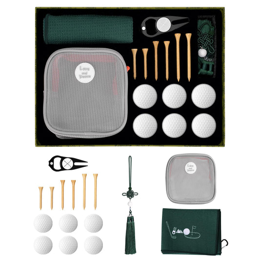 Golf Gift Set for Men - 6 Balls, Tees, Divot Tool, Towel & Organizer Bag - Lucky Chinese Knot Charm - Ideal Gift for Dad, Husband, Father's Day & Christmas