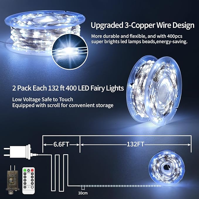 2 Pack Each 132 FT 400 LED Fairy Lights Plug In Christmas Lights Outdoor Decorations Waterproof String Lights with Timer 8 Modes Memory for Holiday Wedding Party Tree Wall Bedroom Garden-Cool White