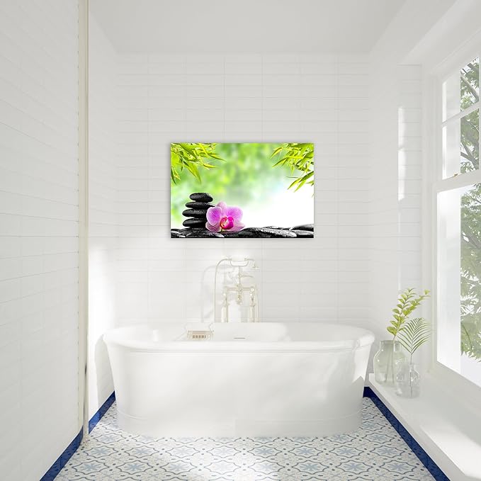 GUTTATY Zen Wall Art Decor, Modern Bathroom Zen Decor Wall Art, Canvas Wall Art for SPA Zen Room Decor, Green Bamboo Leaves and Pebble Relaxing Zen Art Prints for Office & SPA Wall Decor 12x18 Inches