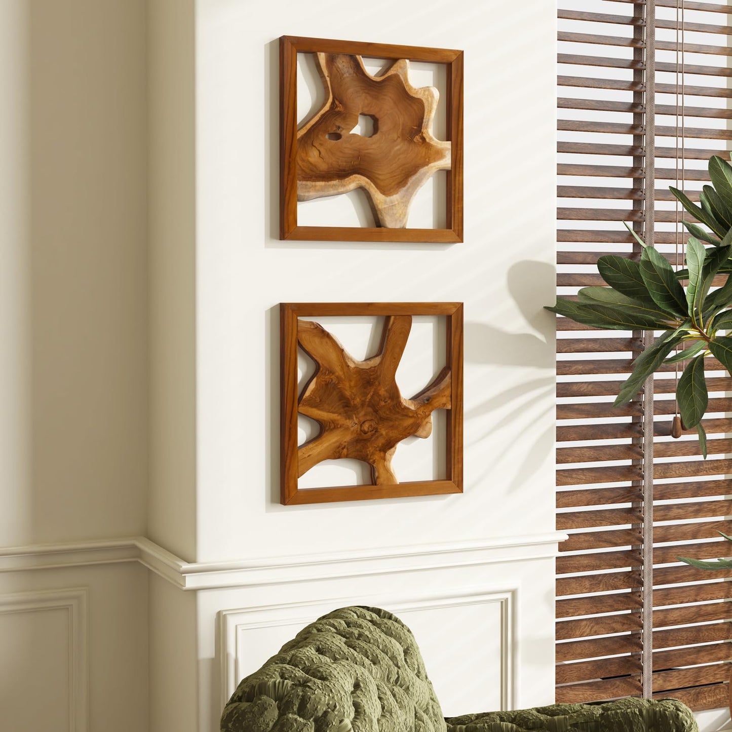 JOLLYMER 2 Pack Live Edge Teak Wood Wall Decor, Rustic Wooden Wall Art, Handcrafted Home Decoration for Living Room Bedroom Office, 17"x17"" Natural Frame"