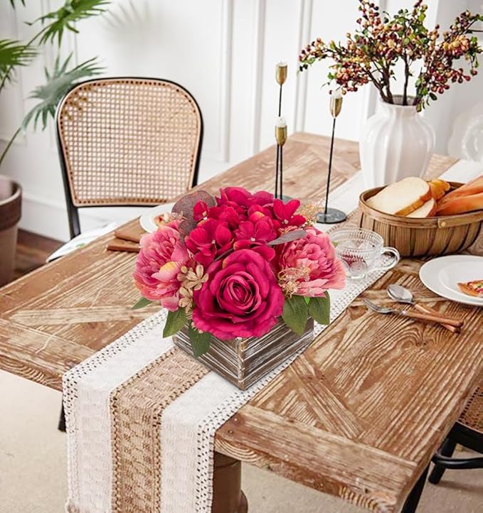 Flower Arrangement with Wooden Vase 8" Artificial Flowers in Pot - Fake Flowers Roses Peonies Hydrangeas in Wooden Vase Potted Artificial Flower Centerpieces for Table Decor Living Room - Hot Pink