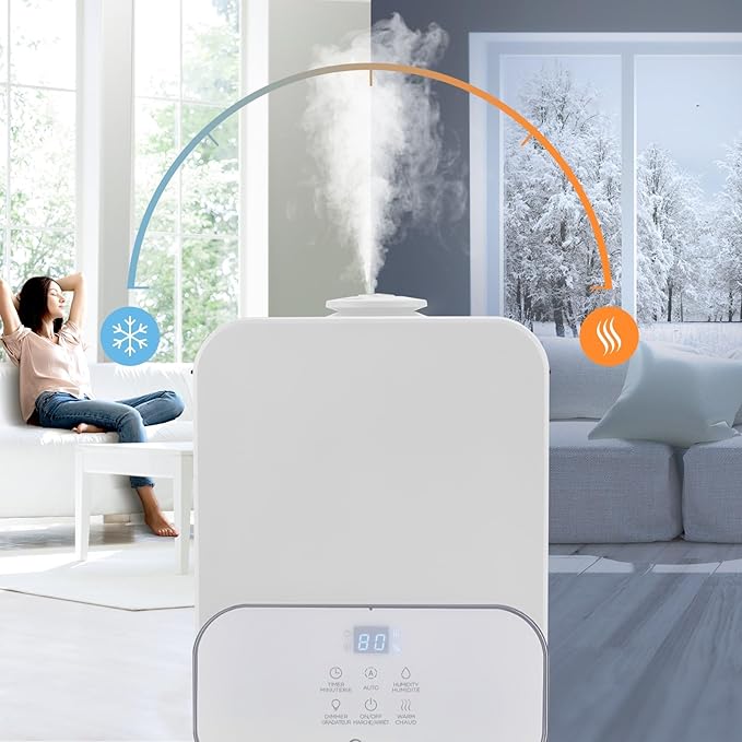 Midea 6L (1.6 Gal) Warm & Cool Mist Ultrasonic Humidifier, Top Fill Design, Smart Humidity Control with Auto Mode, 24-Hour Runtime, Essential Oil Tray, Timer & Night Light, White