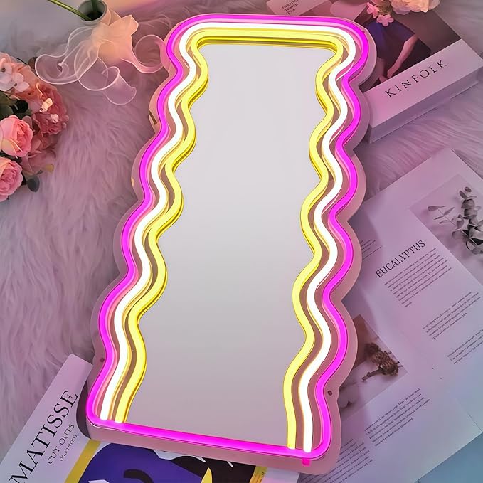 LED Mirror Neon Lights Light Up Dressing Mirror Cat/Shine Heart/Bat/Butterfly Shape Neon Mirror Sign for Modern Home Girl Room Bathroom Salon Wall Art Decor Gift For Girlfriend USB Powered