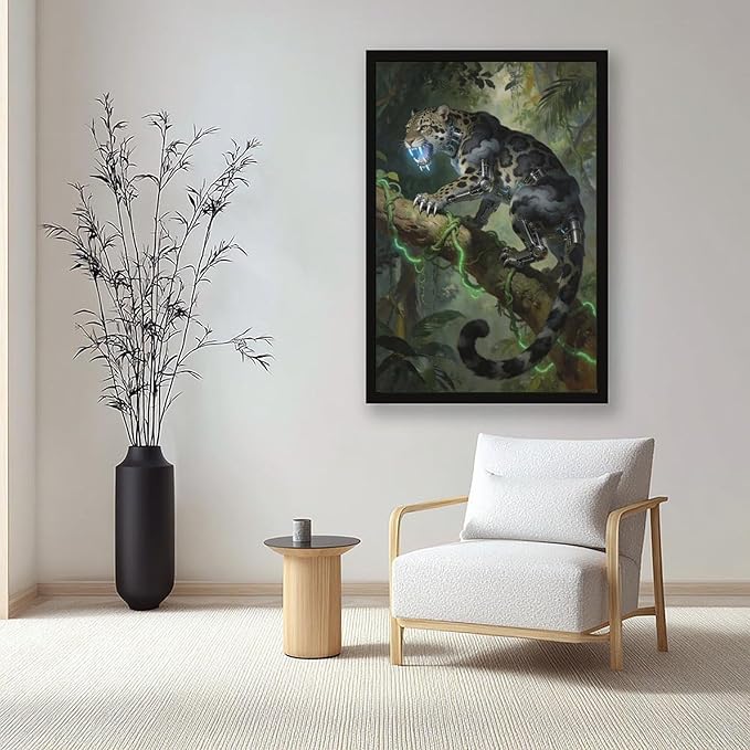 Framed Steampunk Mechanical Leopard Wall Art - Jungle Futuristic Beast Poster for Man Cave Living Room Decor 08x12in