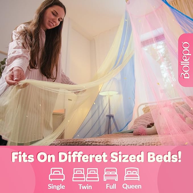 Bollepo Bed Canopy for Girls with Glowing Stars - Canopy Bed Curtains | Fits Single, Twin, Full, Queen Size Kids - Princess Bed Canopy | Rainbow Bedroom Accessories, Netting Room Decor, Ceiling Tent