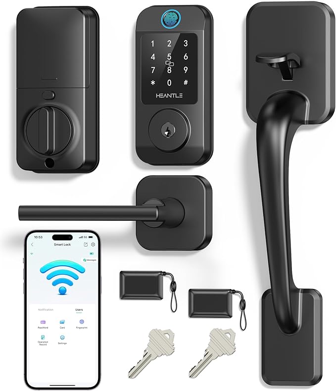 Wi-Fi Front Door Lock Set - HEANTLE Smart Locks for Front Door Built-in WiFi Keyless Entry Deadbolt with Handle Set Fingerprint Smart Electronic Deadbolt, Works with Alexa & Google Assistant Black