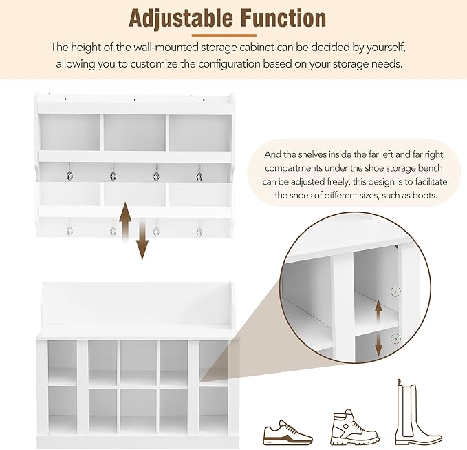 Multi-Functional Hall Tree with Wall Mounted Coat Rack, Shoe Storage Bench with Shelves and 4 Hooks, Entryway Organizer for Hallway, Foyer, Mudroom, Living Room (White-52s)