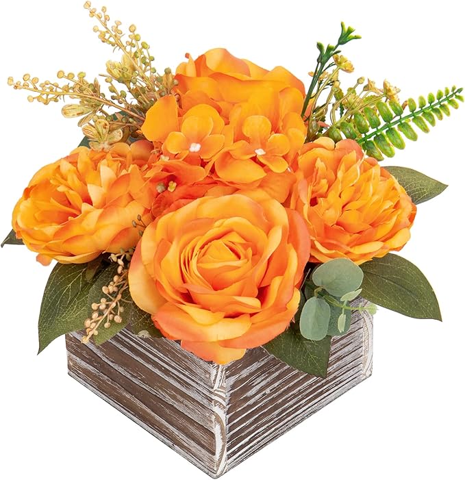 DILATATA Artificial Flower Arrangement, 8'' Orange Roses Peonies Hydrangeas in Wooden Planter, Rustic Fake Flowers in Pot for Home Decor Living Room - 1PC
