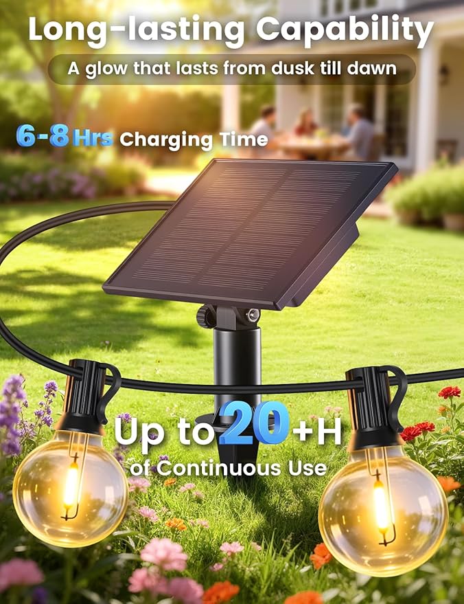 Brightever 38FT Solar String Lights Outdoor with Remote and 15+1 LED Shatterproof G40 Bulbs, Dimmable & Timable, 3 Lighting Modes, Waterproof Solar Power Patio Lights for Outside, Party, Cafe, Bistro