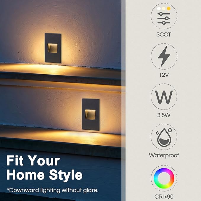 FTL Stair Lights Indoor LED Outdoor Step Lights, 12V Low Voltage Deck Step Lights Color Changing 3000K/4000K/5000K 3.5W 150LM Stairway Light, Vertical Waterproof Black Aluminum, 4-Pack