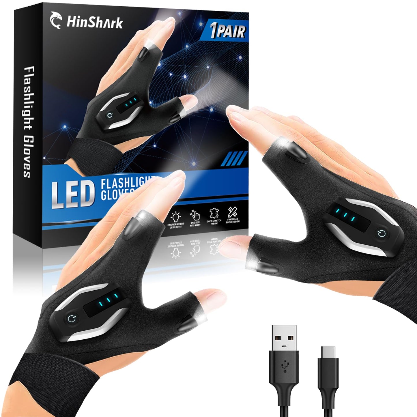 Stocking Stuffers Gifts for Men LED Flashlight Gloves, Mens Gifts for Christmas Anniversary Birthday Gifts for Men Dad Husband Him Husband, Camping Essentials Cool Gadgets Tools for Fishing Repairing