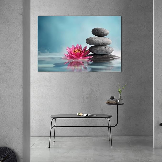 Zen Wall Art Decor, Modern Bathroom Zen Decor Wall Art, Large Zen Relaxing Canvas Wall Art for Spa Room Decor, Black Pebble and Pink Flower Zen Art Prints for Office & Spa Wall Decor 28x40 Inches