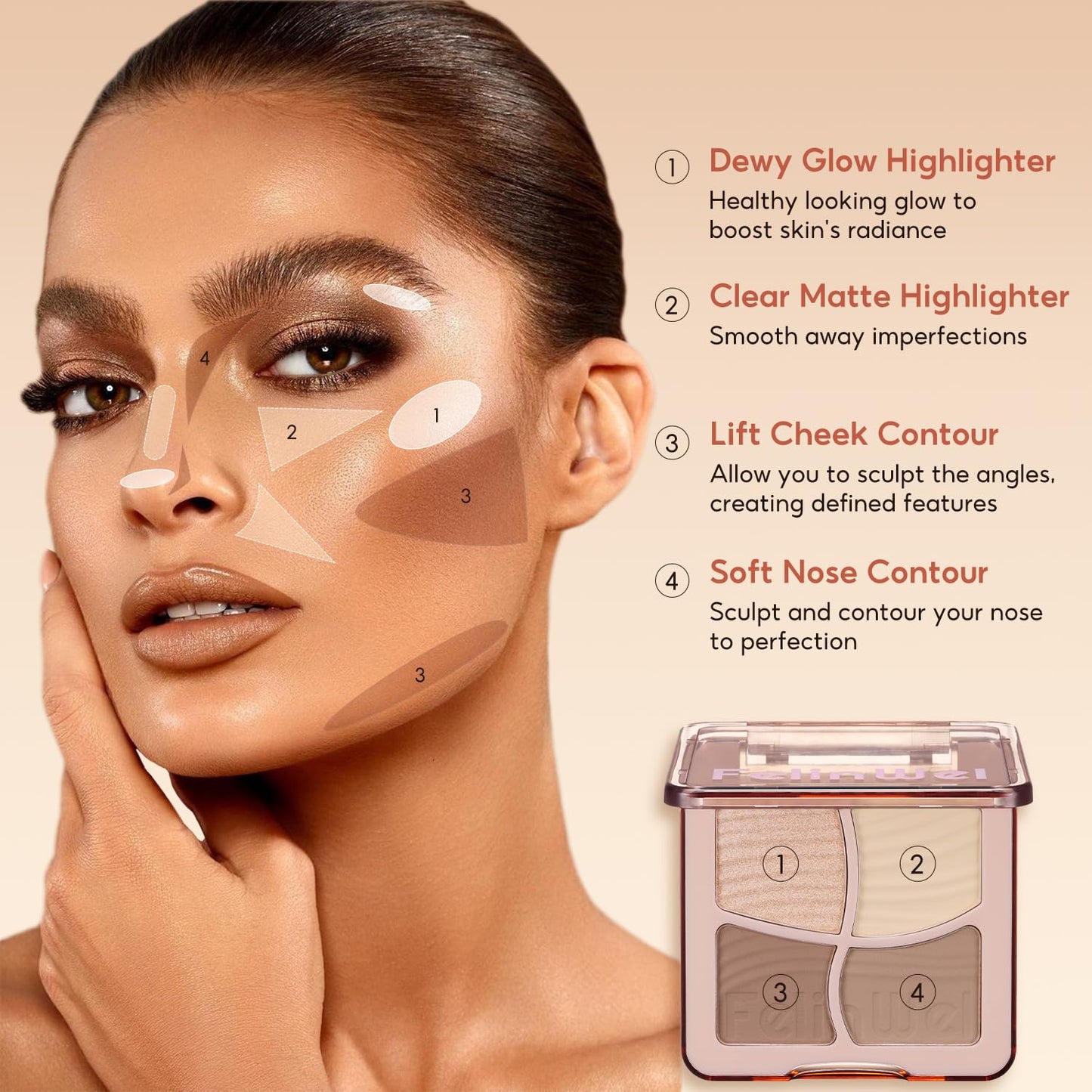 Highlight Contour Makeup Palette Effortless Blending Matte Shimmer Highlighter Palette and Bronzer Powder for Warm Toned Skin with Brush