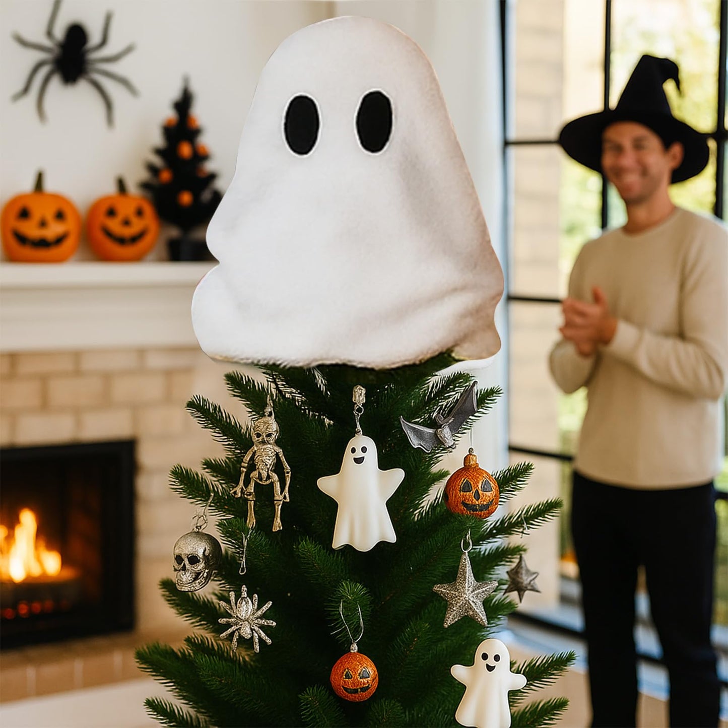 Gejoy Halloween Ghost Tree Topper Decor 13 Inches White Ghost Elf Christmas Tree Topper Ornaments Halloween Ornaments for Holiday Party Favors Supplies Decor