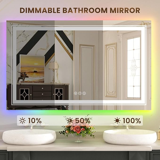 WTTY LED Bathroom Mirror 48"x36" with RGB Backlit and Front Light,Stepless Dimmable LED Mirror for Bathroom,Colored Lighted Bathroom Vanity Mirror,Anti-Fog,Memory Function,Shatter-Proof