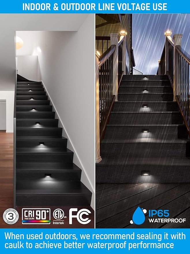 LEONLITE Black 5CCT 120V LED Step Lights, 150LM 5%-100% Dimmable Stair Lights Indoor Outdoor IP65 Waterproof, Aluminum Anti-Glare Shell, CRI90 ETL 2700K/3000K/3500K/4000K/5000K, Pack of 6
