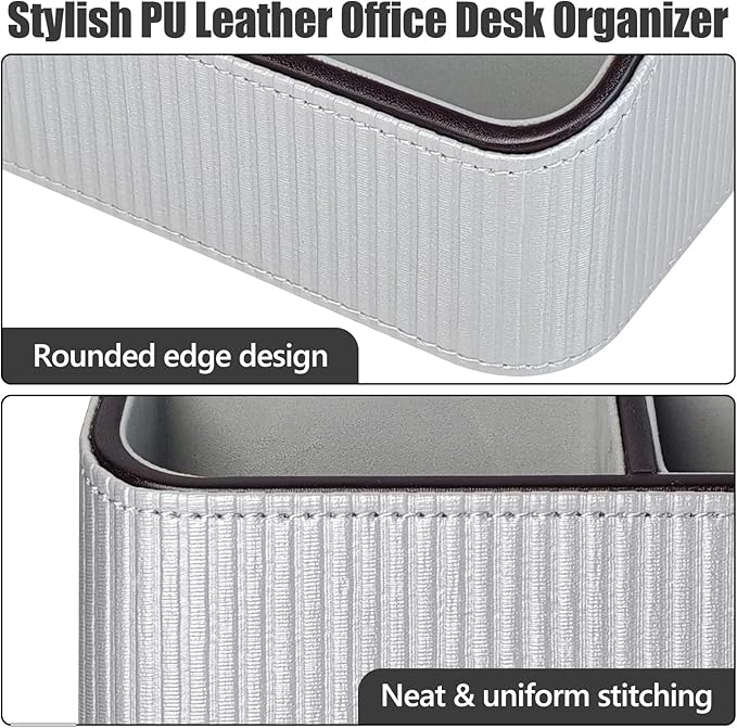 PU Leather Remote Control Holder with 4 Compartments, Small Desk Organizer Office Supply Bedside Caddy, All-in-One Small Bedside Remote Holder Nightstand Desktop Organizer