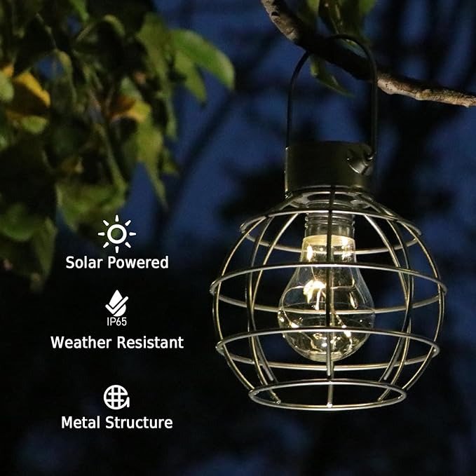 2 Pack Solar Lanterns Outdoor Hanging Lights, Metal Solar Lantern Outdoor Waterproof Auto On/Off Solar Light for Patio Backyard Pathway Porch, Silver