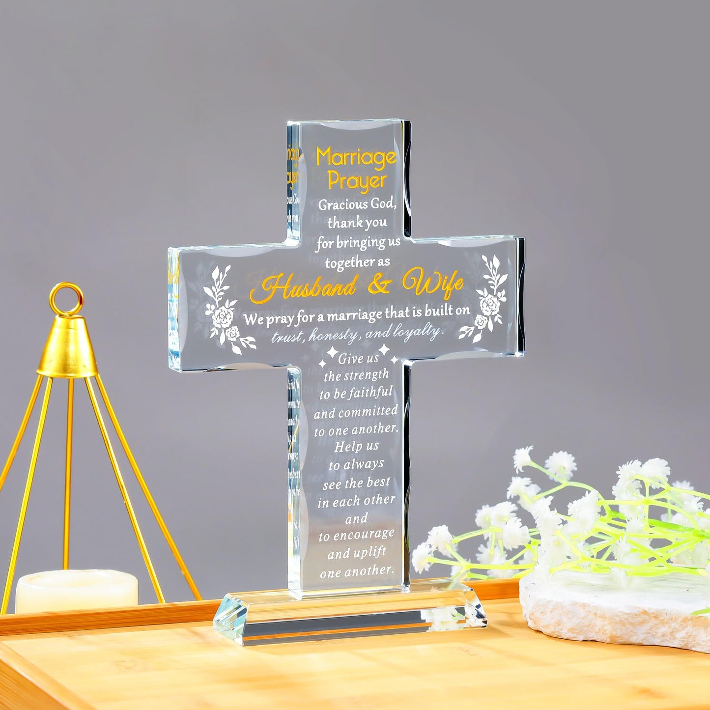 YWHL Glass Marriage Prayer Cross Wedding Gifts for Couples, Religious Cross Engagement Gifts for Bride and Groom, Bridal Shower Gift for Women Men