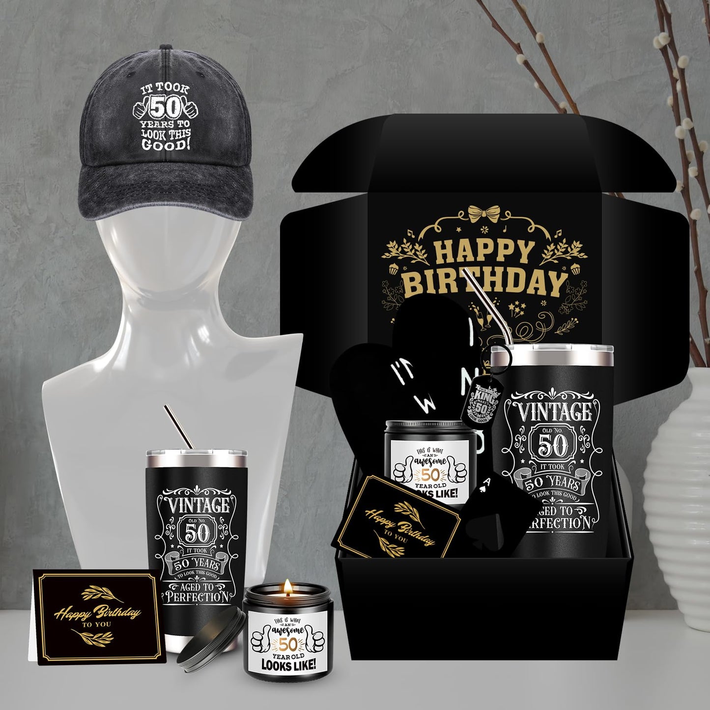 JTAMOHI 50th Birthday Gifts for Men - Unique Box with 20 Oz Tumbler, Scented Candle, Socks, Baseball Cap for Husband, Dad, Grandpa, Friends, Teachers, Boss