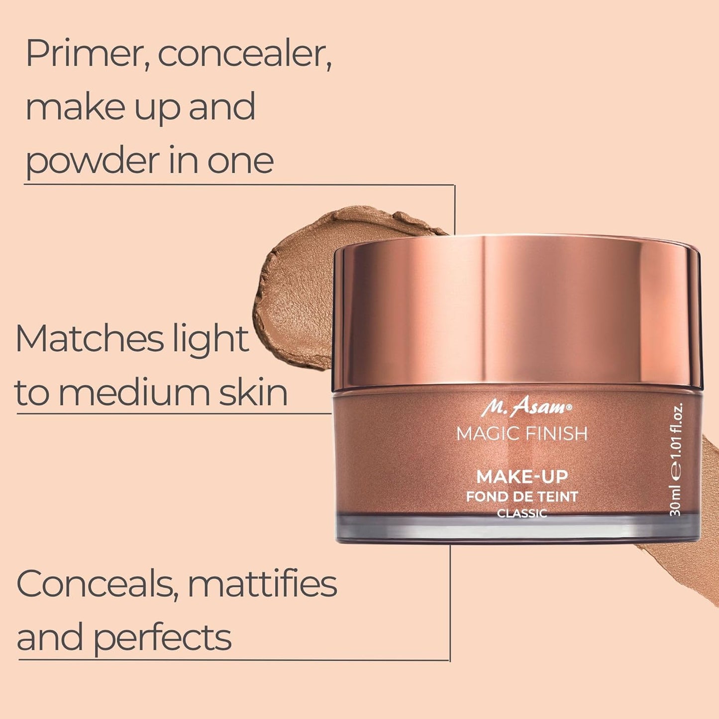 M. Asam MAGIC FINISH Gift Set With XXL Make Up Mousse (1.69 Fl Oz) 4in1 Primer, Foundation, Concealer & Powder + Mascara (0.33 Fl Oz) For XXL Volume & Intense Color With Exclusive Make Up Bag (1pc.)