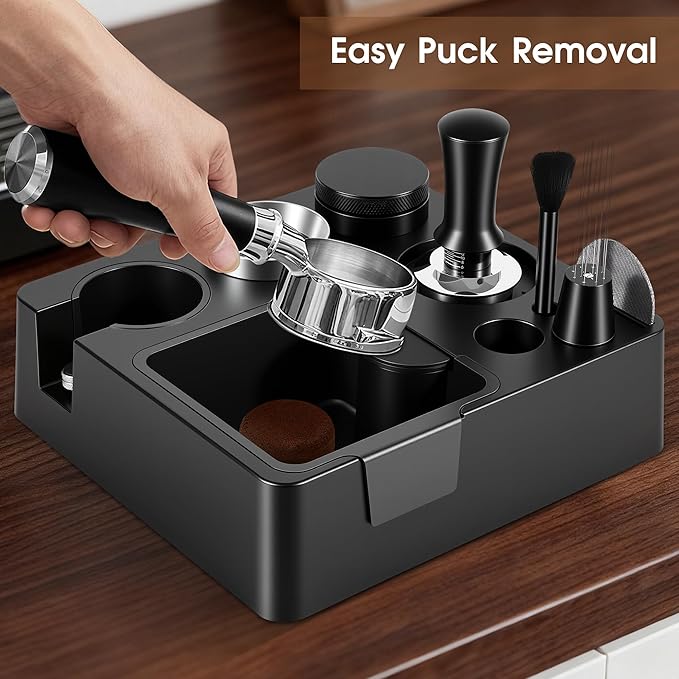 Reoszeank 51mm Espresso Accessories Kit, Espresso Knock Box and Tamping Station, Coffee Tamper, Distributor, WDT Distribution Tool, Dosing Funnel and Puck Screen Set Fits Delonghi 51 mm Portafilter