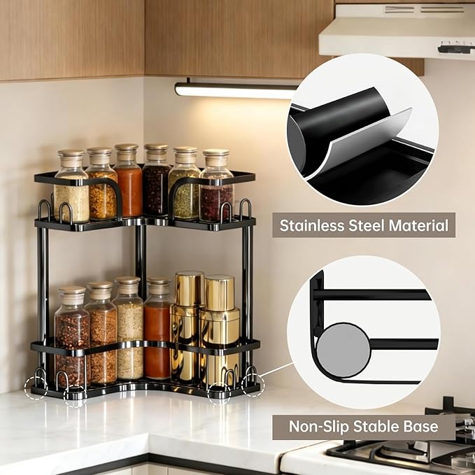 2-Tier Corner Bathroom Counter Organizer, Space Saving Black Vanity Countertop Shelf for Toiletries, Skincare & Makeup, Sturdy Stainless Steel Standing Rack for Bathroom Storage & Kitchen Spices