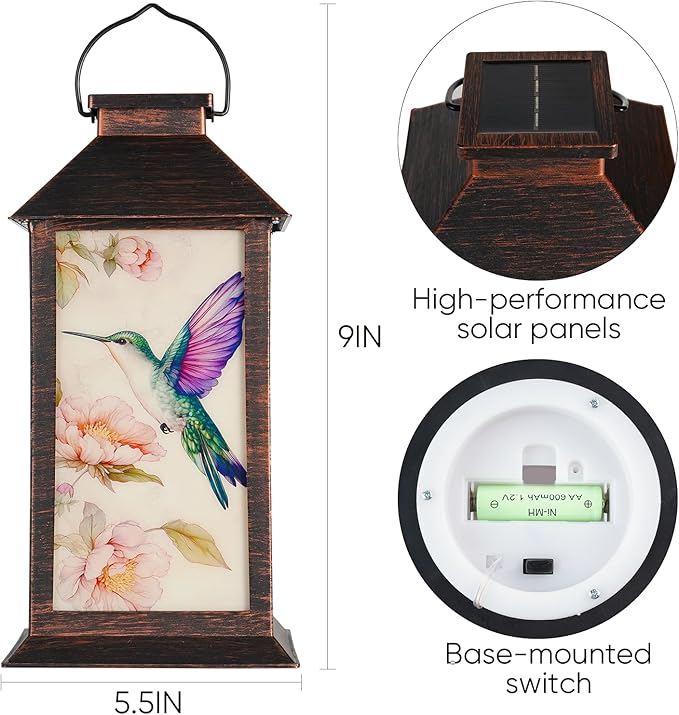 Homemory Hanging Solar Lanterns Outdoor Waterproof, Solar Hummingbird Lights with LED Flickering Flameless Candles, Gifts for Women Mom, Outside Lantern Decoration Garden,Yard,Patio,Lawn
