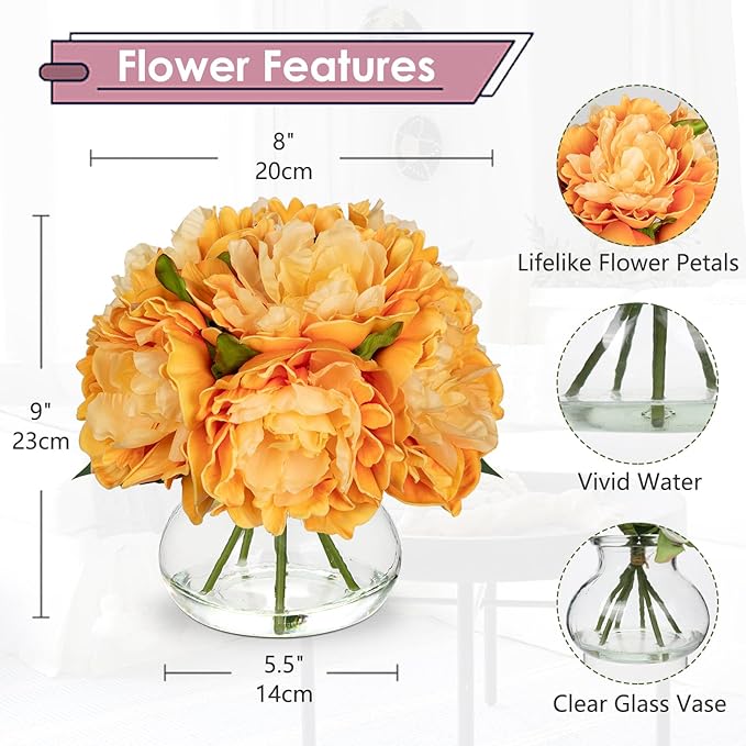 Hollyone Orange Peonies Fall Flowers Artificial for Decoration in Vase Faux Flowers Autumn Peony Silk Flower Arrangements with Glass Vase with Fake Water Table Centerpiece Fall Decorations for Home